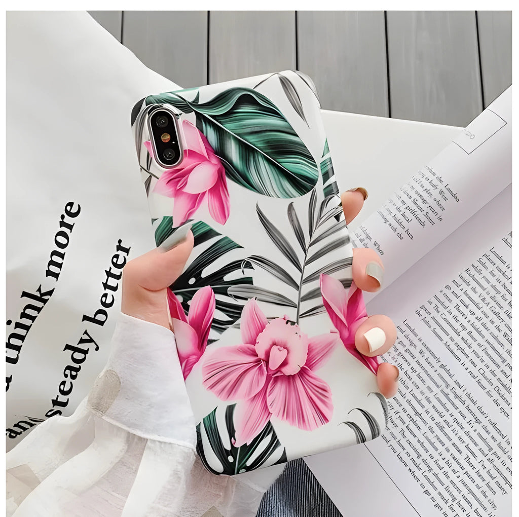 Pink floral pattern on a flexible TPU back cover case for iPhone.