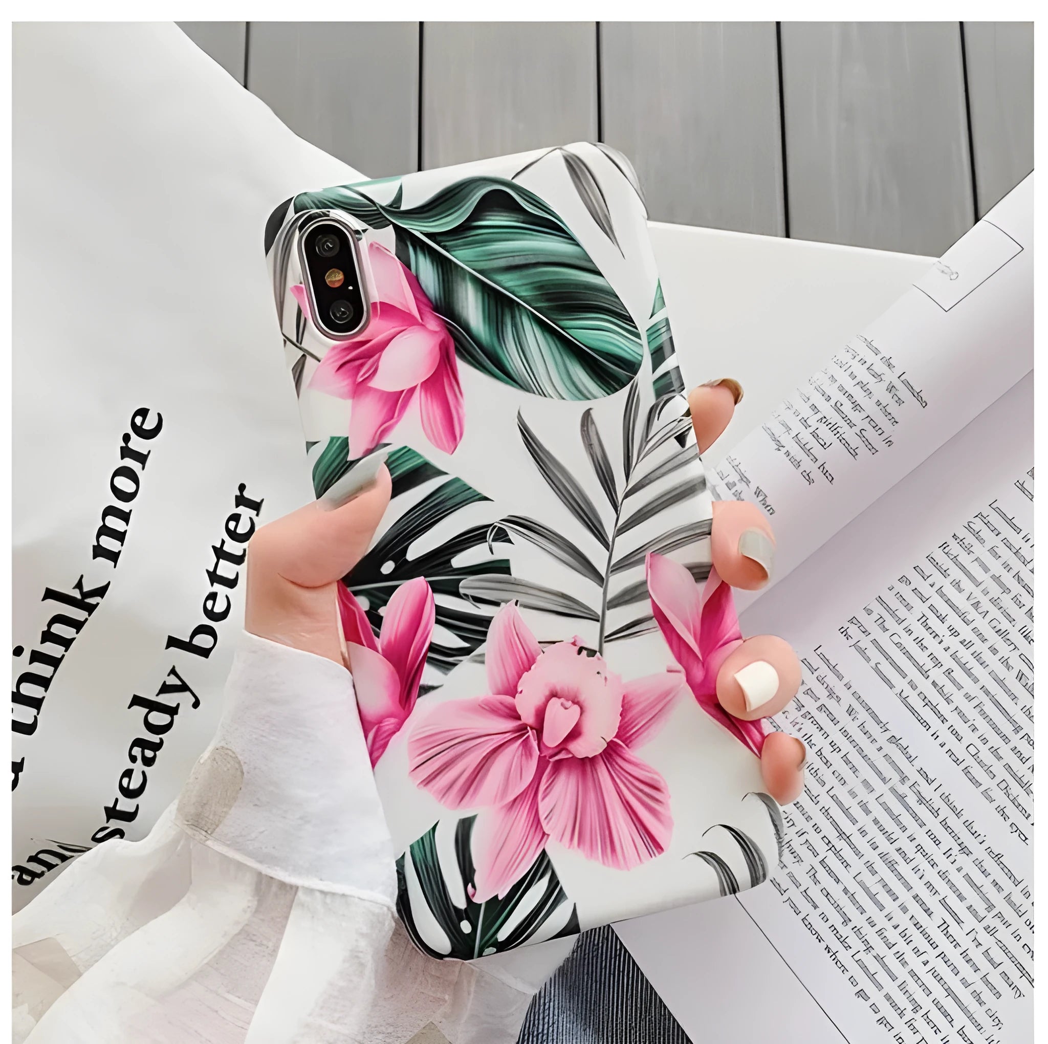 Pink floral pattern on a flexible TPU back cover case for iPhone.