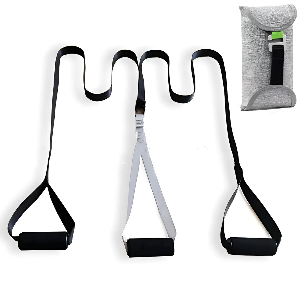 Black suspension training belt with nylon webbing and metal climbing hook on a gym floor