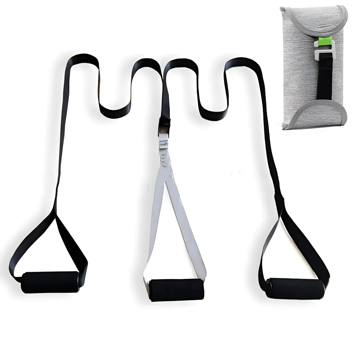 Black suspension training belt with nylon webbing and metal climbing hook on a gym floor
