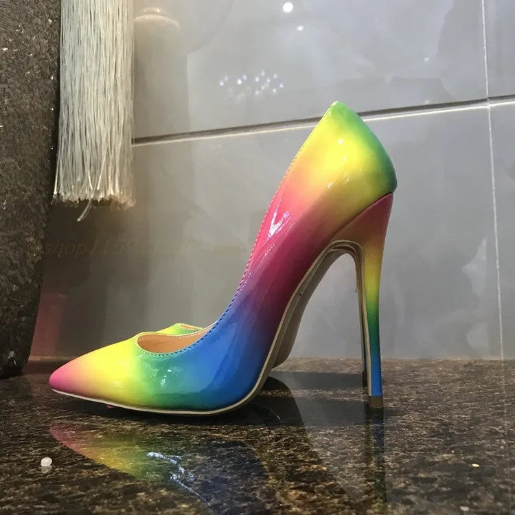 Rainbow patent leather women's high heels with pointed toe and thin ultra-high heel.