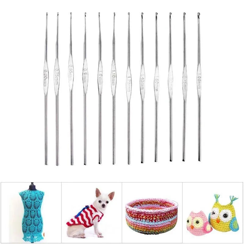 23-piece stainless steel crochet hook set with sizes from 0.6mm to 8.0mm on a plain background