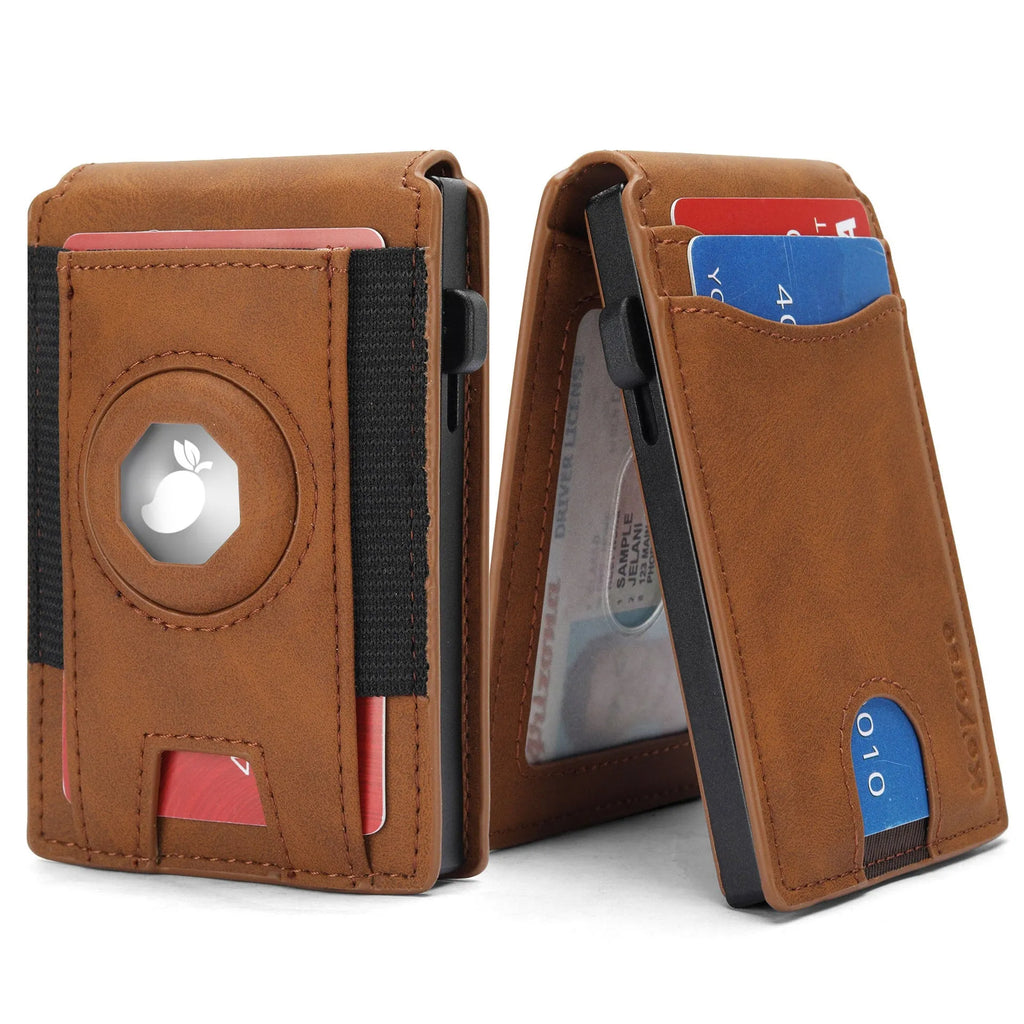 Men's synthetic leather card holder with RFID blocking in black, dark brown, and light brown colours showing card slots and front pocket