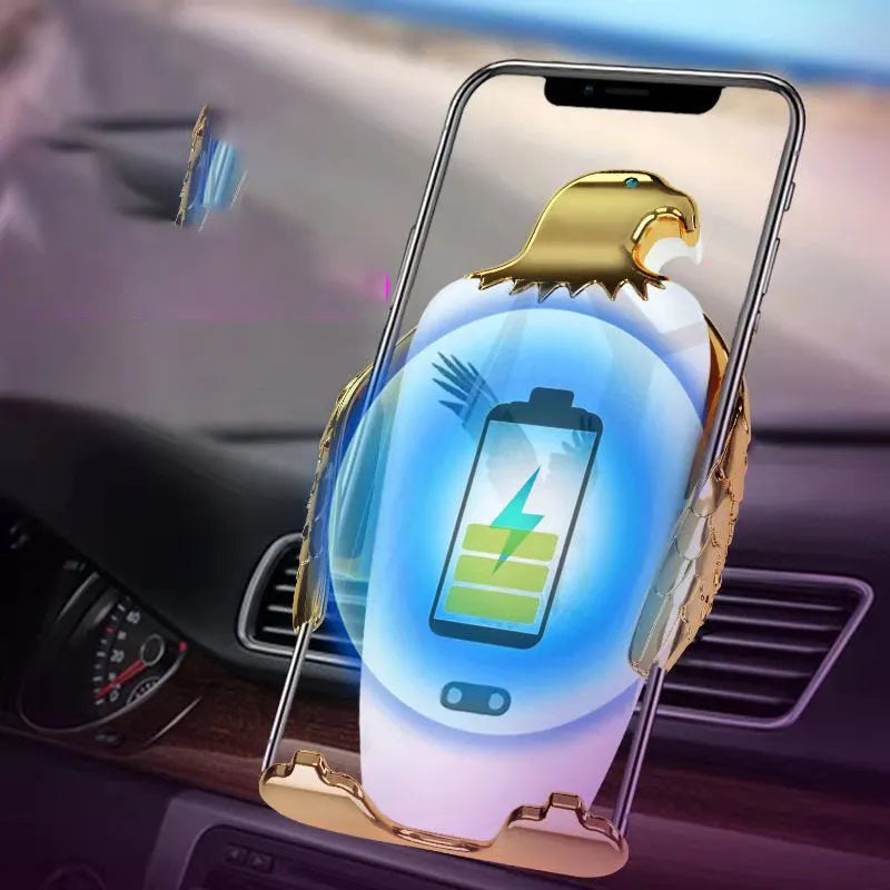 Eagle-style car phone holder with snap-on suction cup mount and wireless charging base in black gold finish