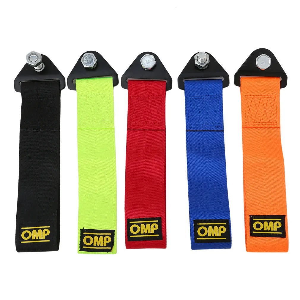 High-strength nylon tow rope for cars, 26cm length, 5cm width, 2 ton load capacity, in OMP Blue