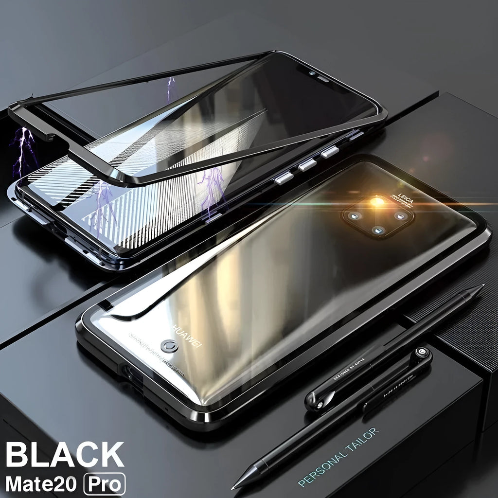 Magnetic phone case with metal frame and 9H tempered glass back in Black