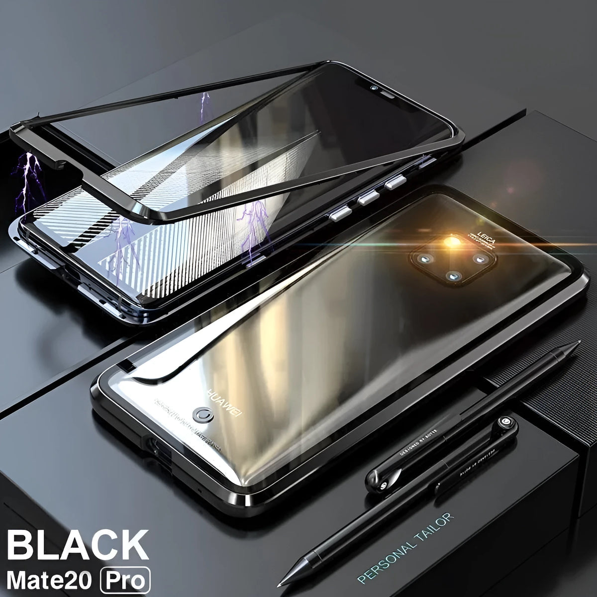 Magnetic phone case with metal frame and 9H tempered glass back in Black