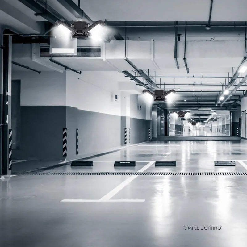 Silver 60W deformable LED garage light with adjustable heads, E27 base, and IP65 rating
