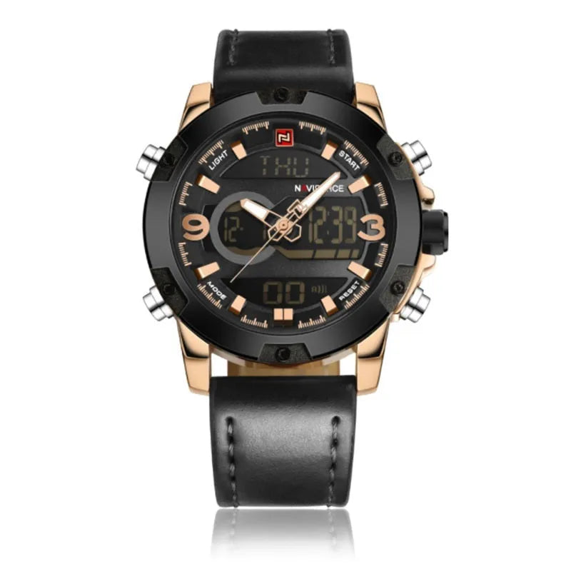 Men's leather digital army military watch with 46.5mm round dial, alloy case, and pin buckle closure