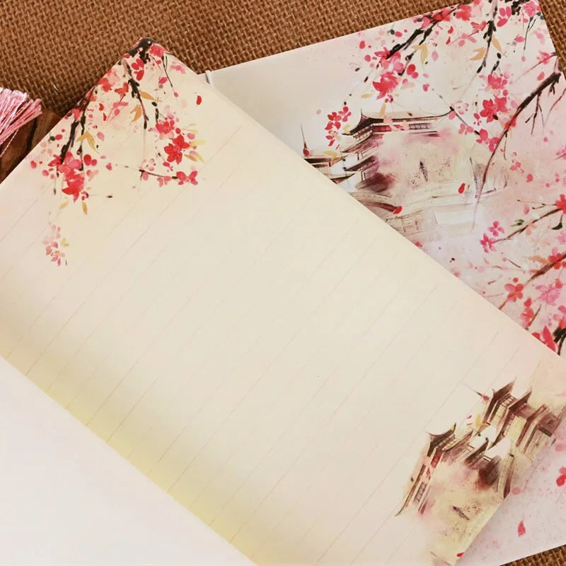 Watercolour retro Chinese style line-bound notebook with exposed ancient thread binding in Azalea colour