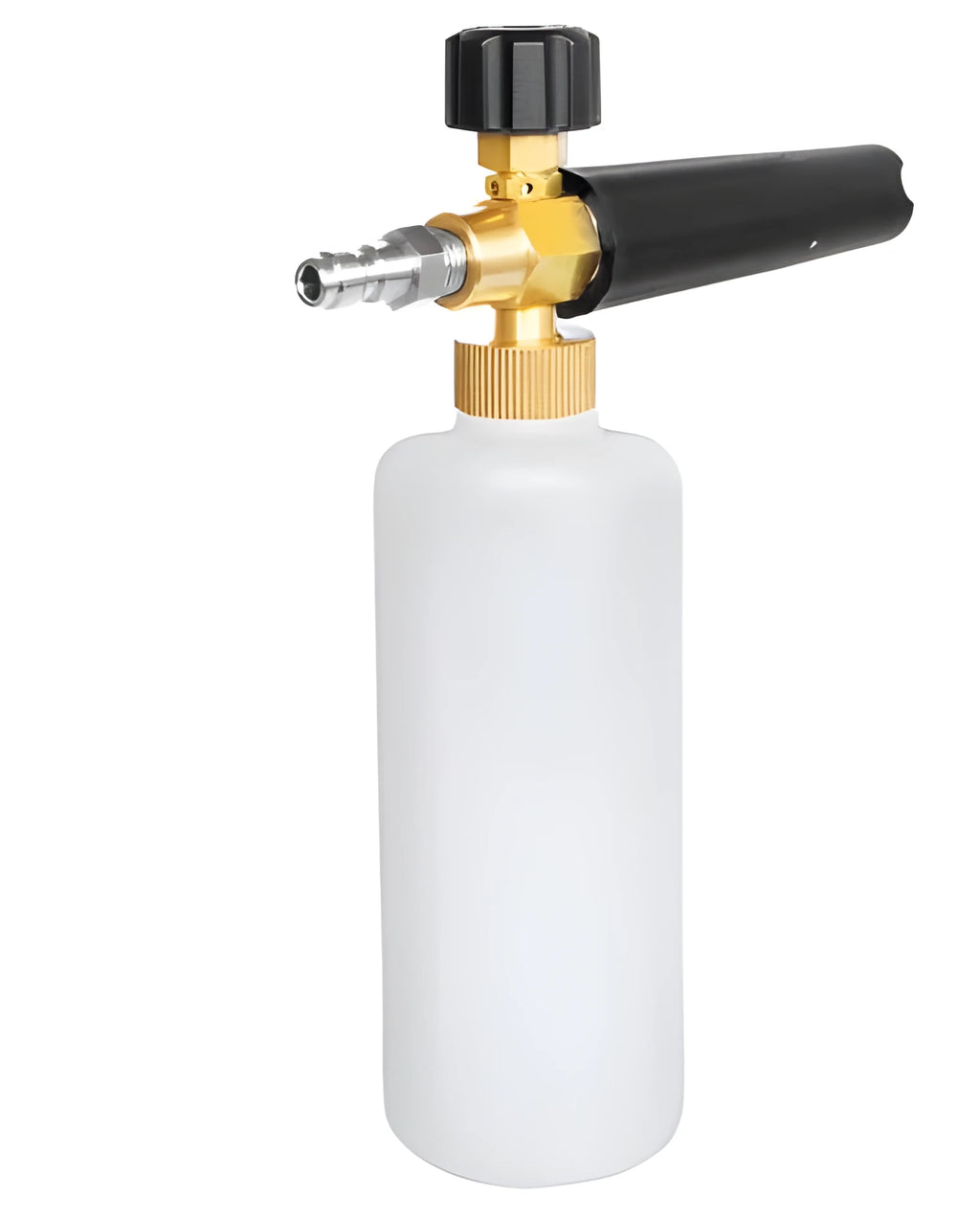 High-pressure foam gun with large detergent bottle attached to pressure washer lance