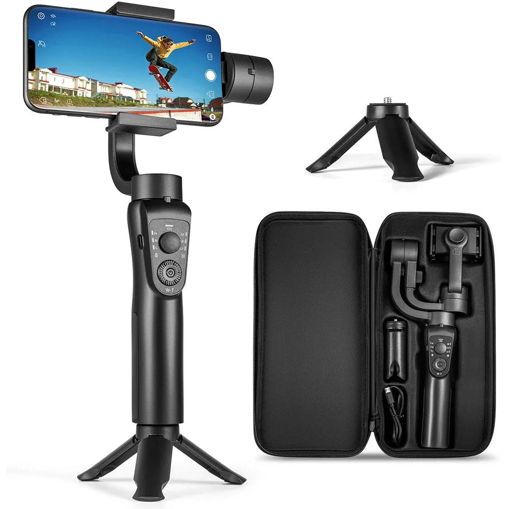 Black three-axis handheld gimbal stabiliser for mobile phone with PPA+nylon arm, ABS+PC handle, and tripod