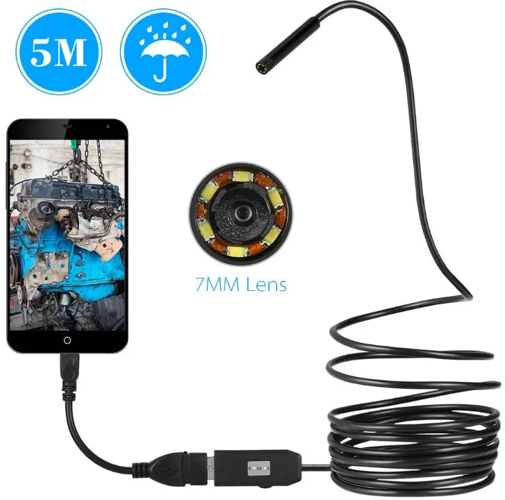 OWSOO USB endoscope camera with 5m cable, 6 LED lights, hook, magnet and side mirror for inspections