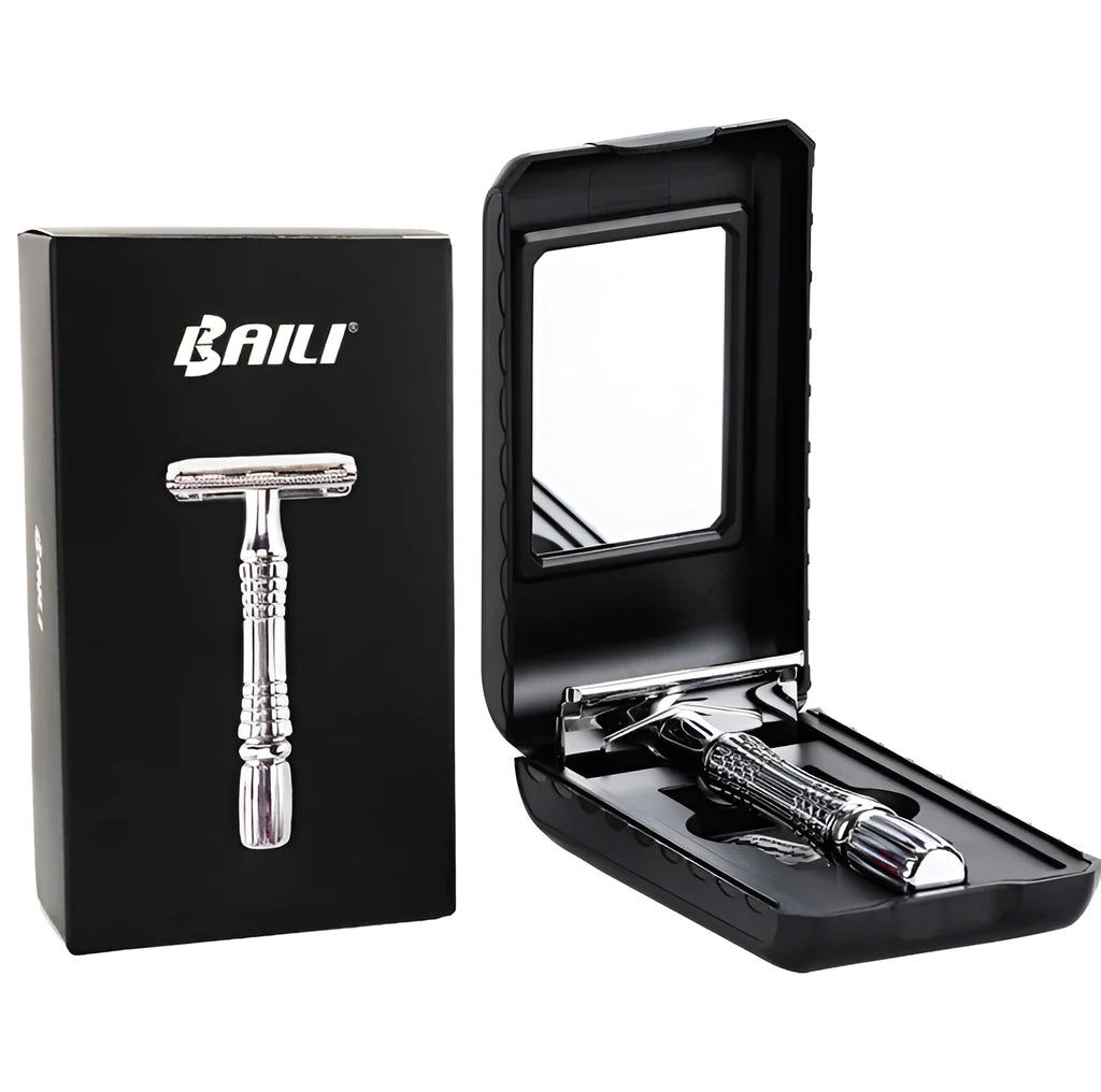 Silver grey safety double edge razor with non-slip handle and closed comb head
