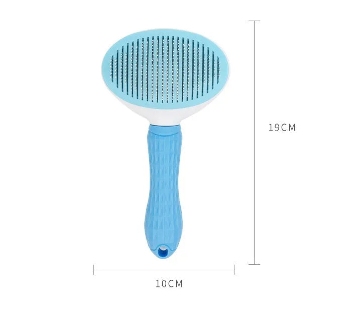 Blue self-cleaning pet comb with fine stainless steel teeth and rubber body on white background