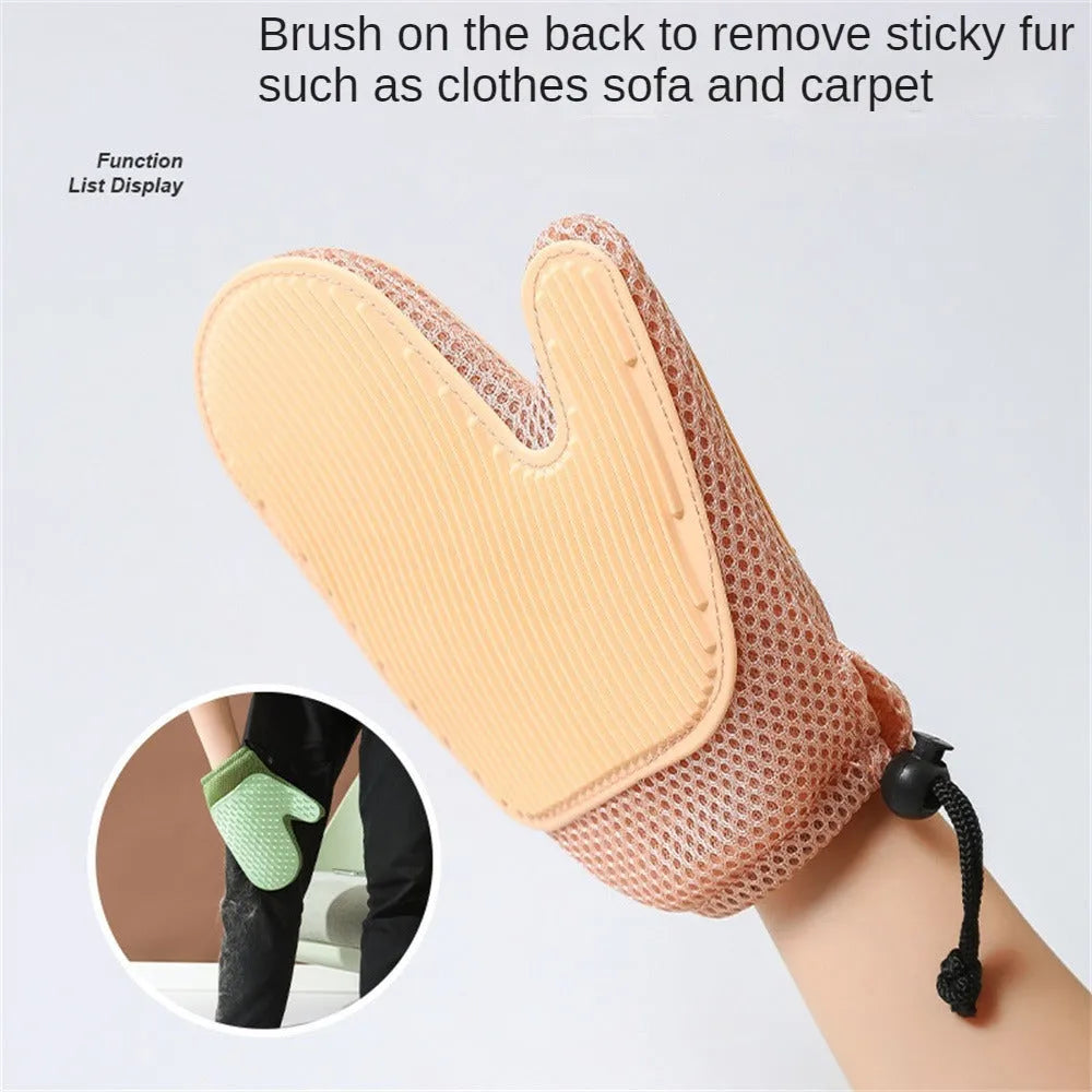 Right-hand pet grooming fur remover glove in dark blue, made from mesh and TPR materials.