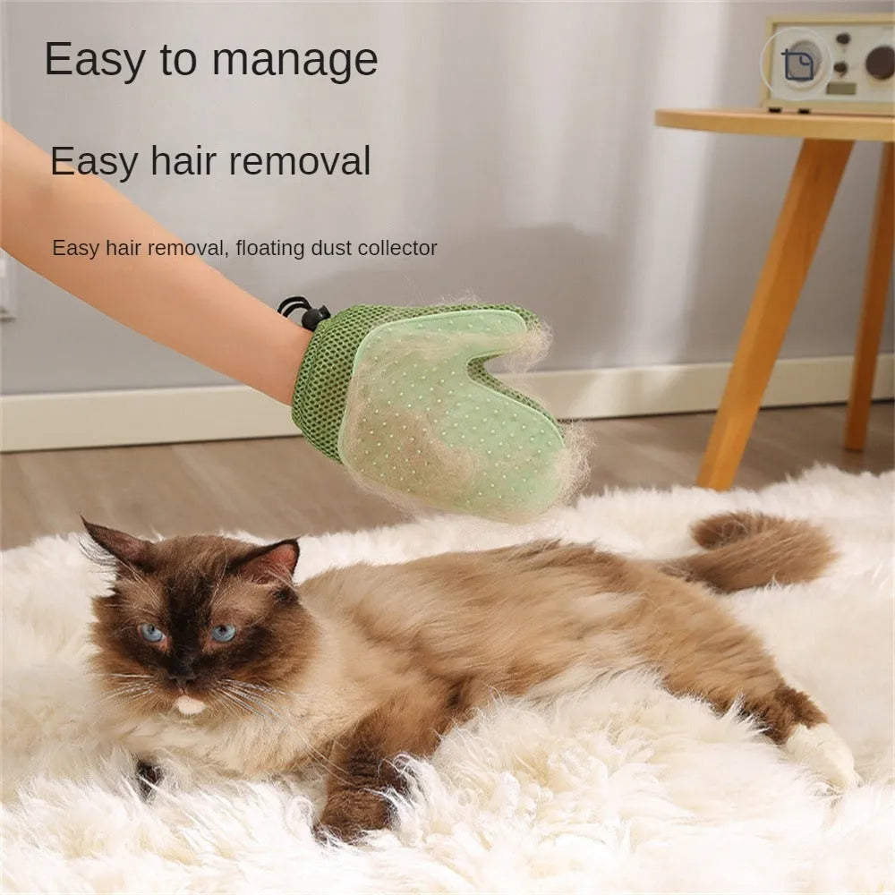 Right-hand pet grooming fur remover glove in dark blue, made from mesh and TPR materials.