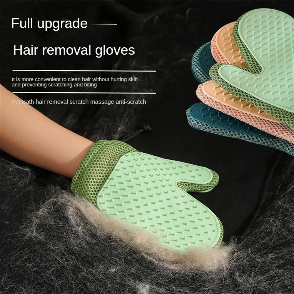 Right-hand pet grooming fur remover glove in dark blue, made from mesh and TPR materials.