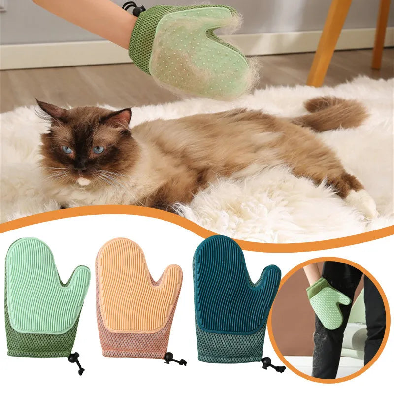Right-hand pet grooming fur remover glove in dark blue, made from mesh and TPR materials.