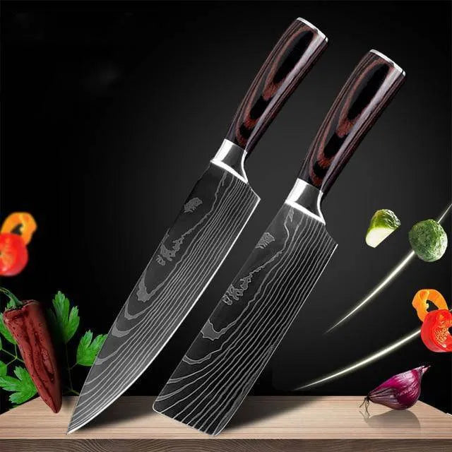 7Cr17 stainless steel kitchen knife with laser Damascus pattern blade and coloured wood handle