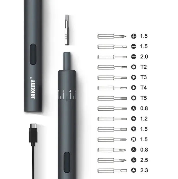Black pen-type electric screwdriver with aluminium casing showing torque adjustment settings