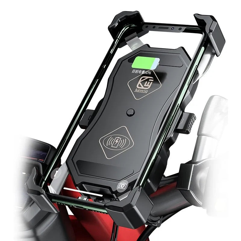 Black plastic motorcycle handlebar phone holder with wireless charging dock for 3.5-6.5 inch smartphones