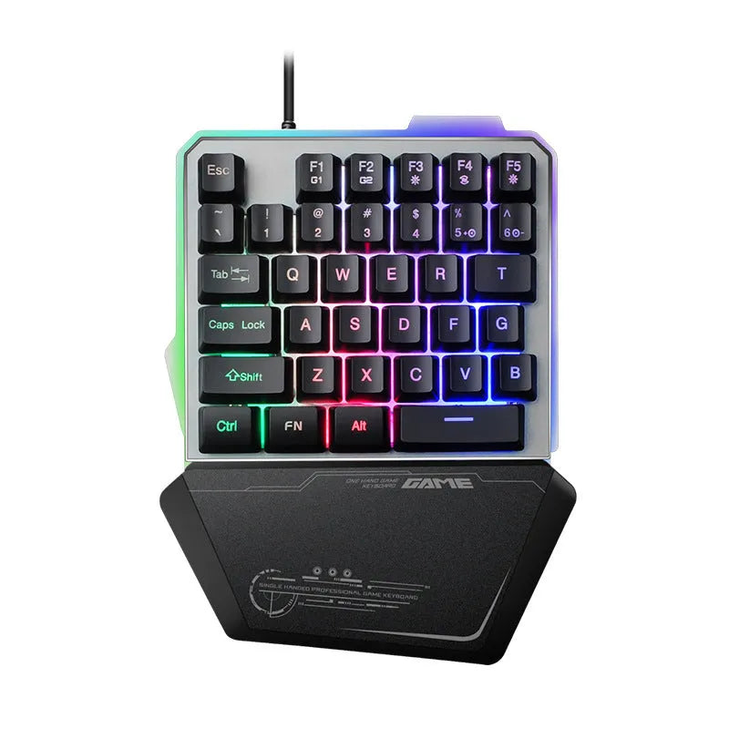 Black robotic one-handed keyboard with RGB backlit keys and a USB cable.