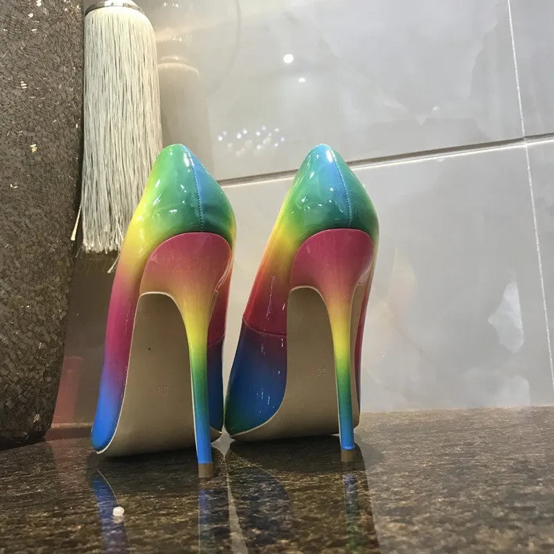 Rainbow patent leather women's high heels with pointed toe and thin ultra-high heel.
