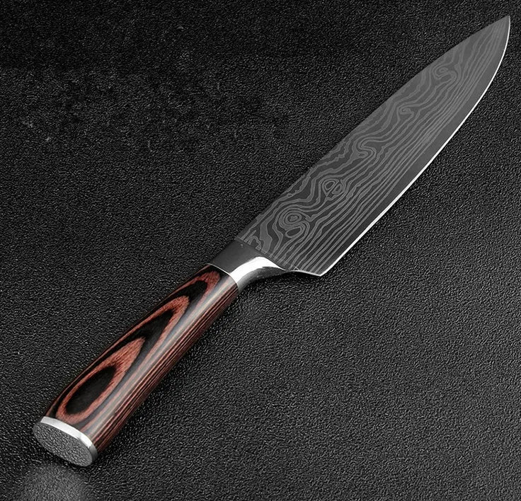 7Cr17 stainless steel kitchen knife with laser Damascus pattern blade and coloured wood handle