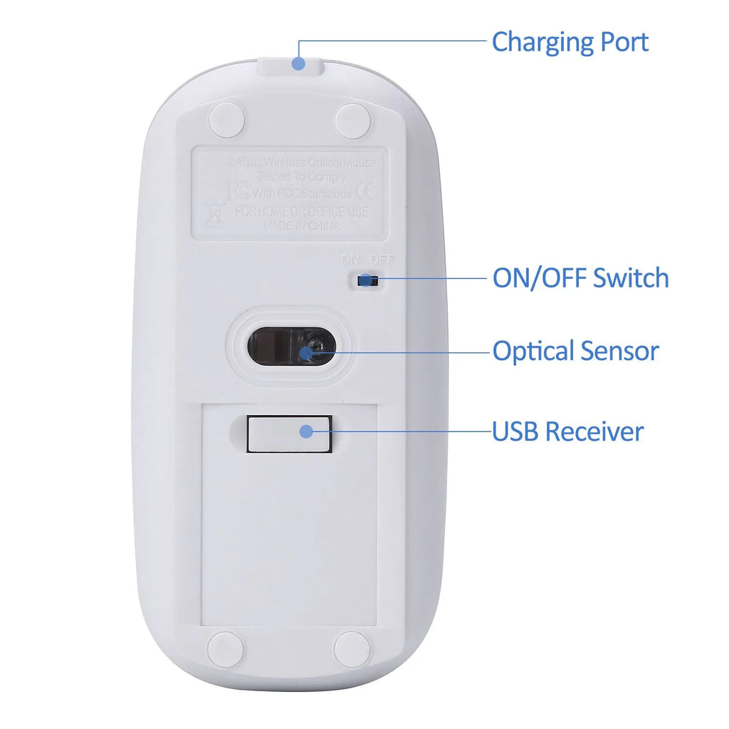 White wireless optical mouse with 2.4G receiver and adjustable DPI, 11.2x5.7x2.0cm