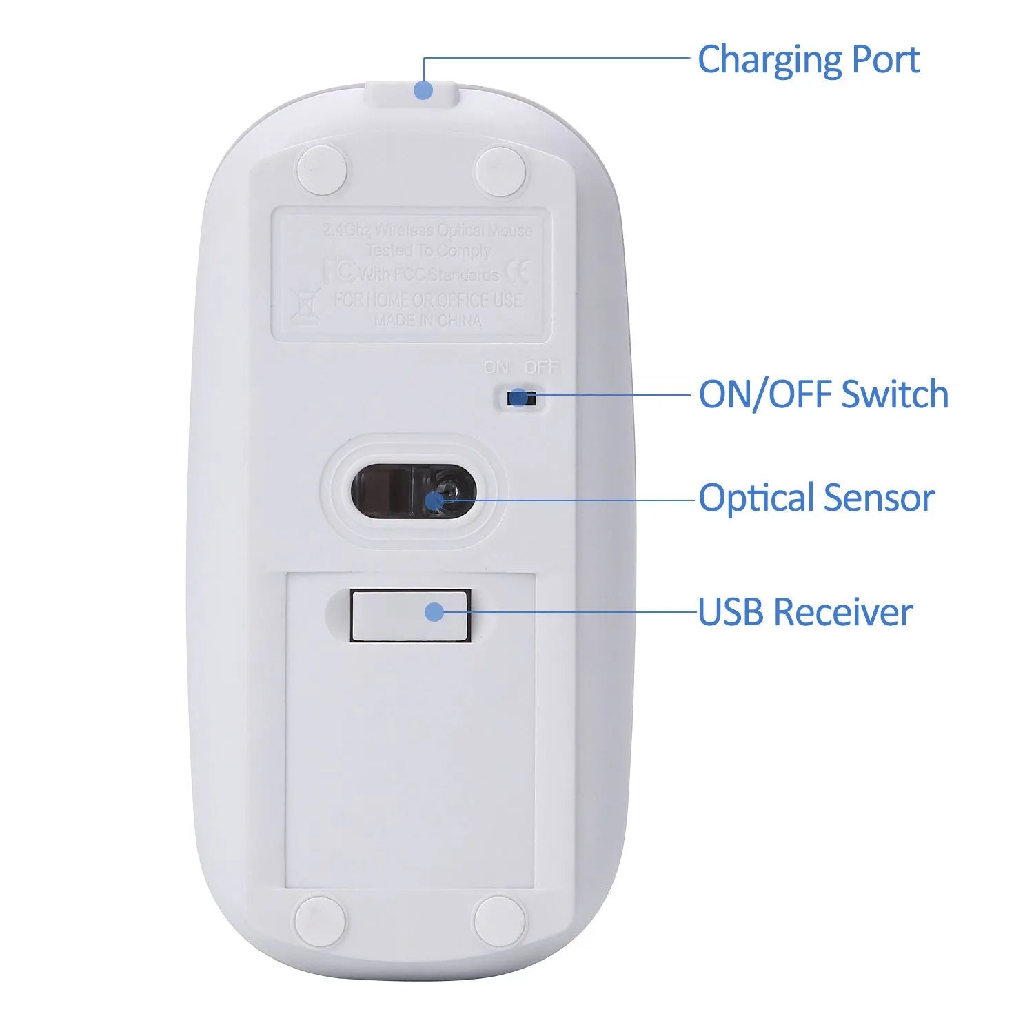 White wireless optical mouse with 2.4G receiver and adjustable DPI, 11.2x5.7x2.0cm
