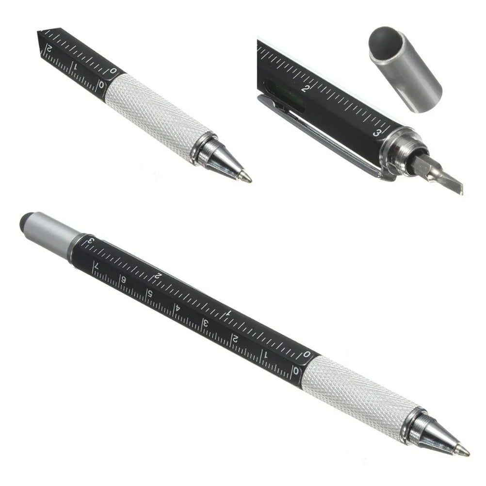 6 in 1 multi-function ballpoint pen with touch screen stylus, screwdriver tips, ruler and spirit level in black plastic