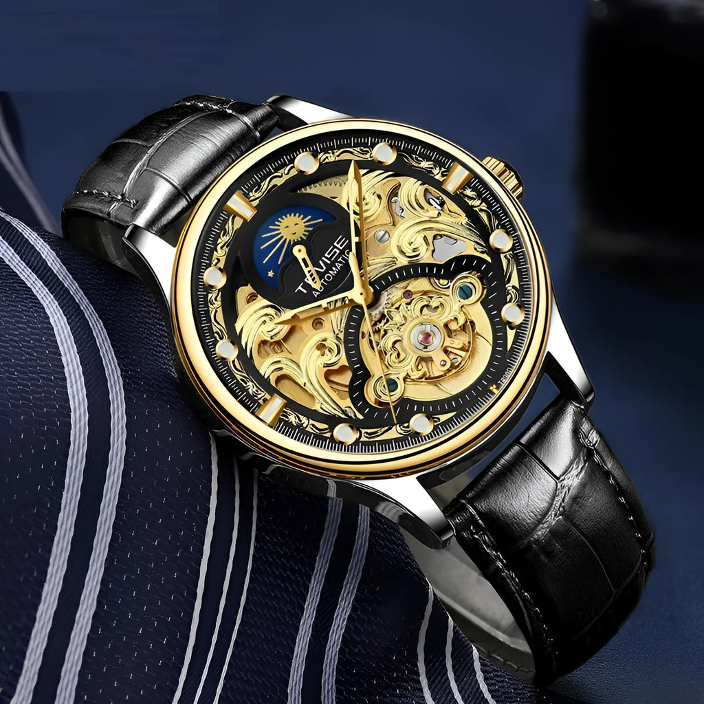 Men's gold leather strap automatic watch with waterproof 16mm case