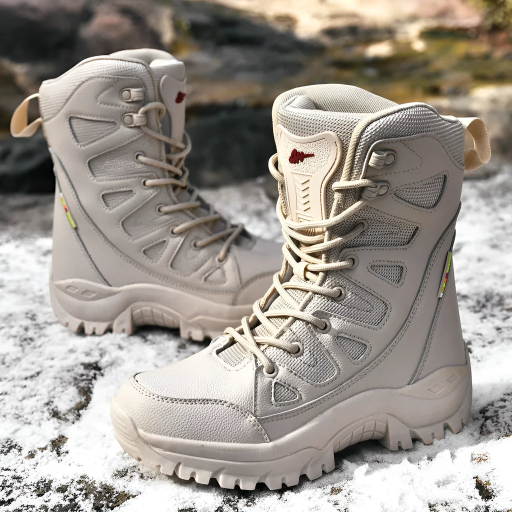 Men's beige cowhide leather hi-top hiking shoes with a platform sole on a neutral background.