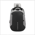 Men's black Oxford crossbody bag with single adjustable shoulder strap and USB charging port, front view