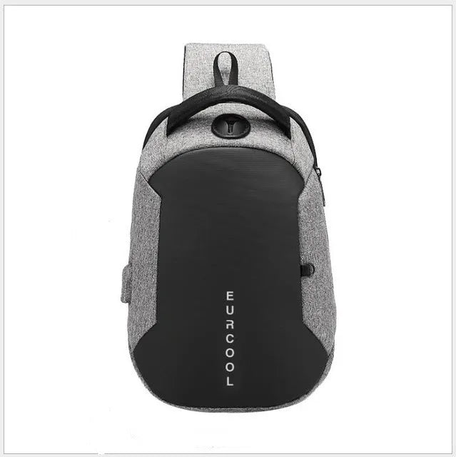 Men's black Oxford crossbody bag with single adjustable shoulder strap and USB charging port, front view