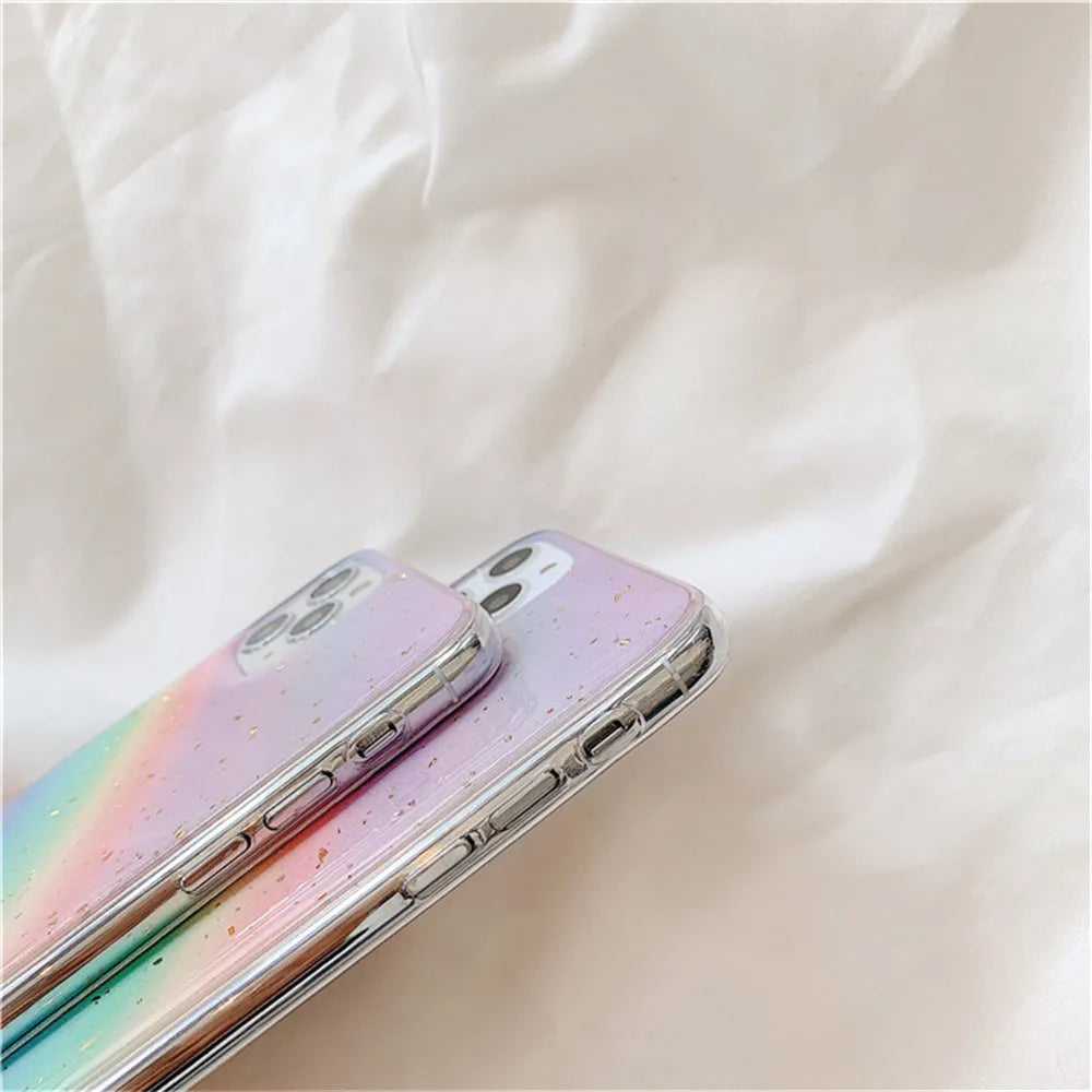 Rainbow gradient TPU phone case with striped design on an iPhone.