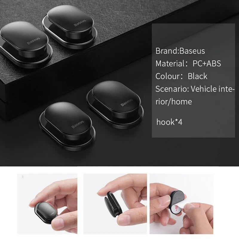 Black mini car hook made of PC and ABS with 3M adhesive, suitable for vehicle and home use.