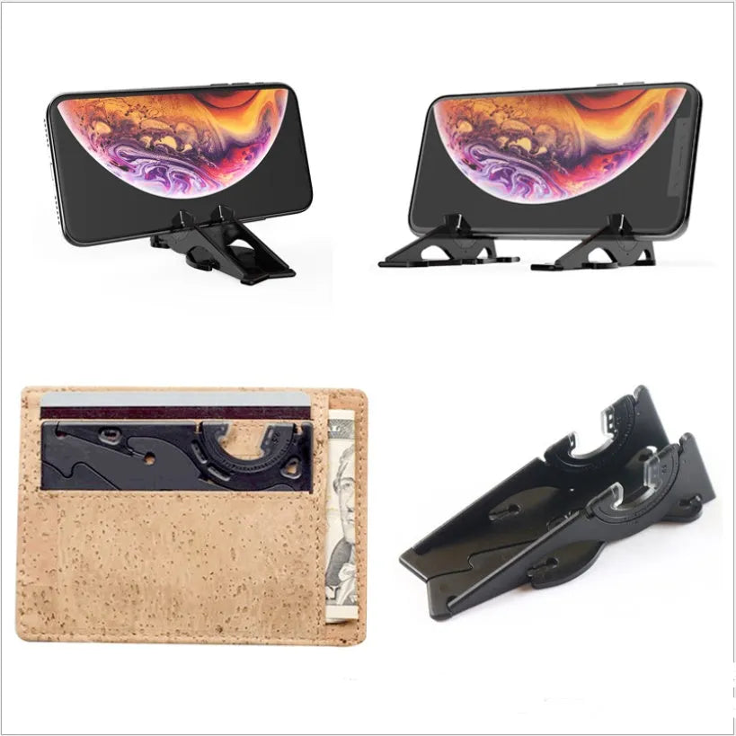 Black plastic card type mobile phone holder with adjustable lazy bracket on desktop