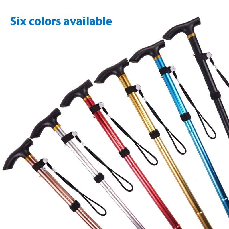 Aluminium folding walking cane with a non-slip handle, shown extended and in silver colour.