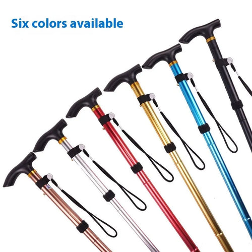 Aluminium folding walking cane with a non-slip handle, shown extended and in silver colour.