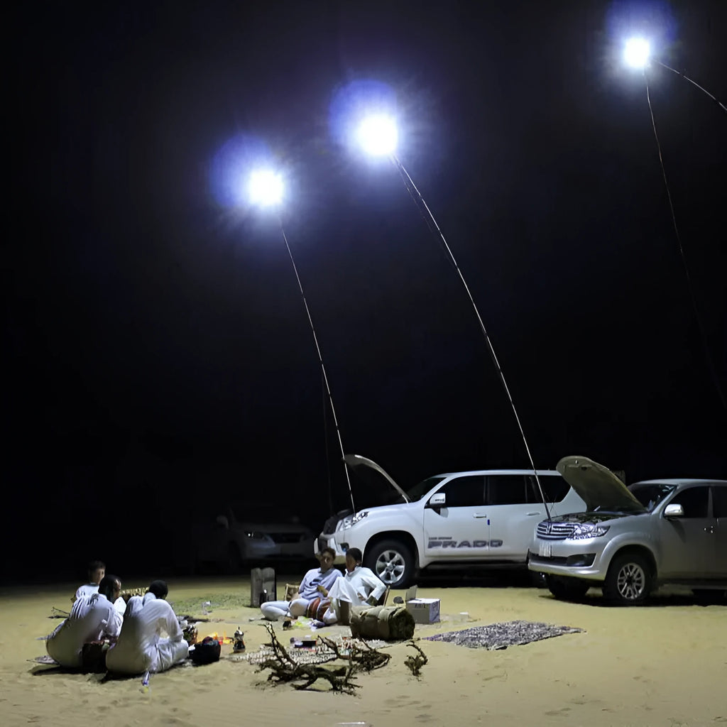 IP68 waterproof LED fishing rod light with telescopic pole and remote control on a 12V battery.
