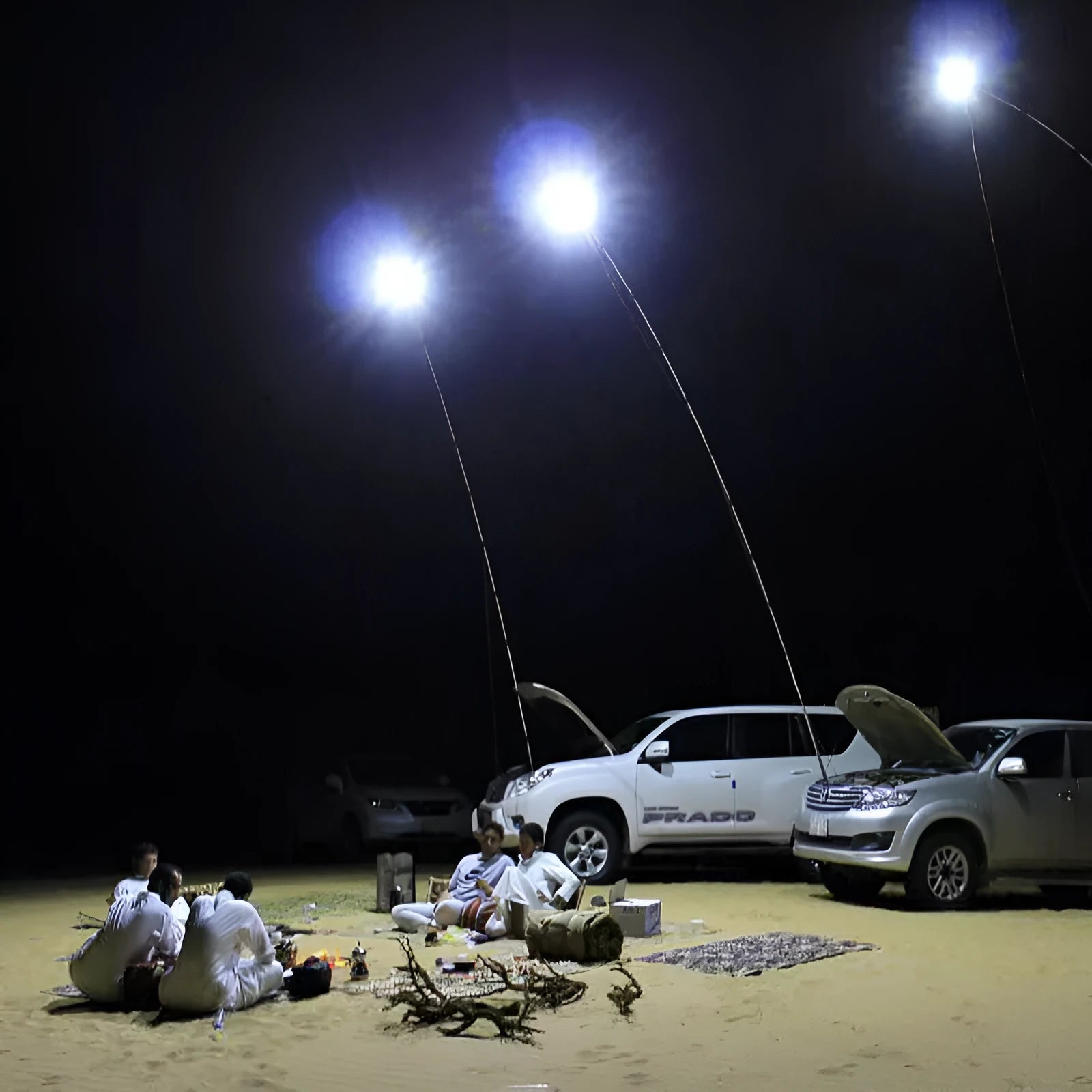 IP68 waterproof LED fishing rod light with telescopic pole and remote control on a 12V battery.