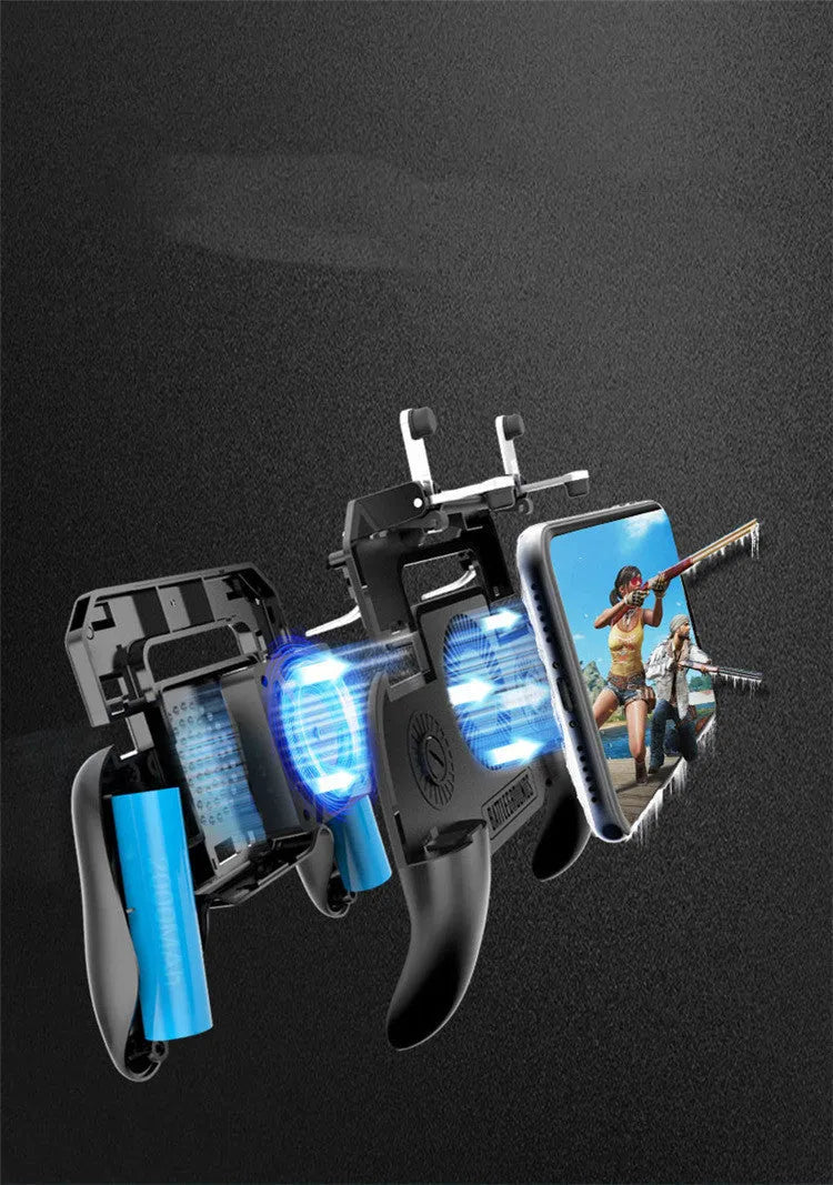A black mobile game controller with USB connector for smartphones, showing physical buttons and triggers.