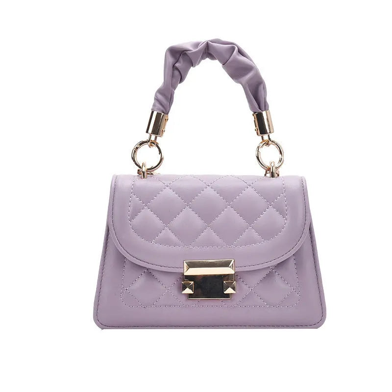 Small square shoulder bag with rhombus pattern PU leather in purple colour with crossbody strap