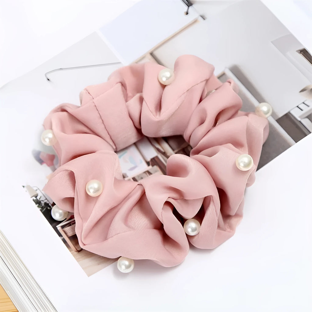 Set of 6 cloth-covered rubber hair rings in black, dark blue, grey, light blue, pink, and red