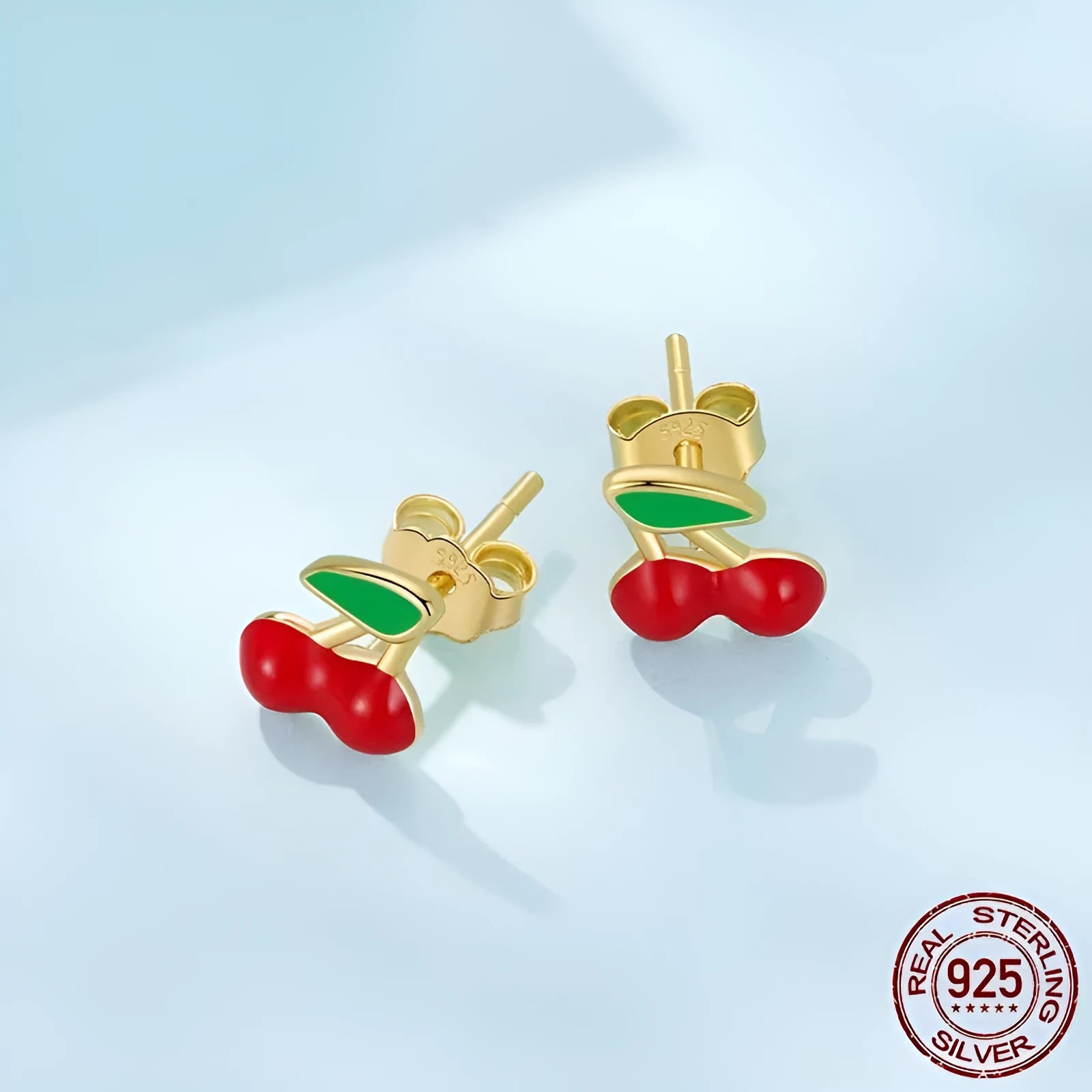 Pair of red small cherry stud earrings in 925 sterling silver with glossy dripping oil finish
