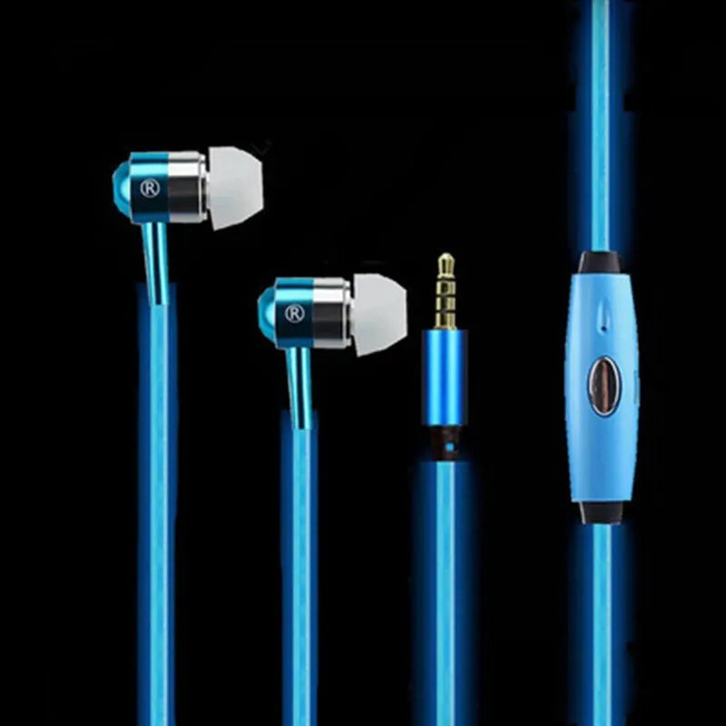 Blue Magic Light LED earphones with glowing EL light strips, showing 3.5mm plug and inline remote with microphone.