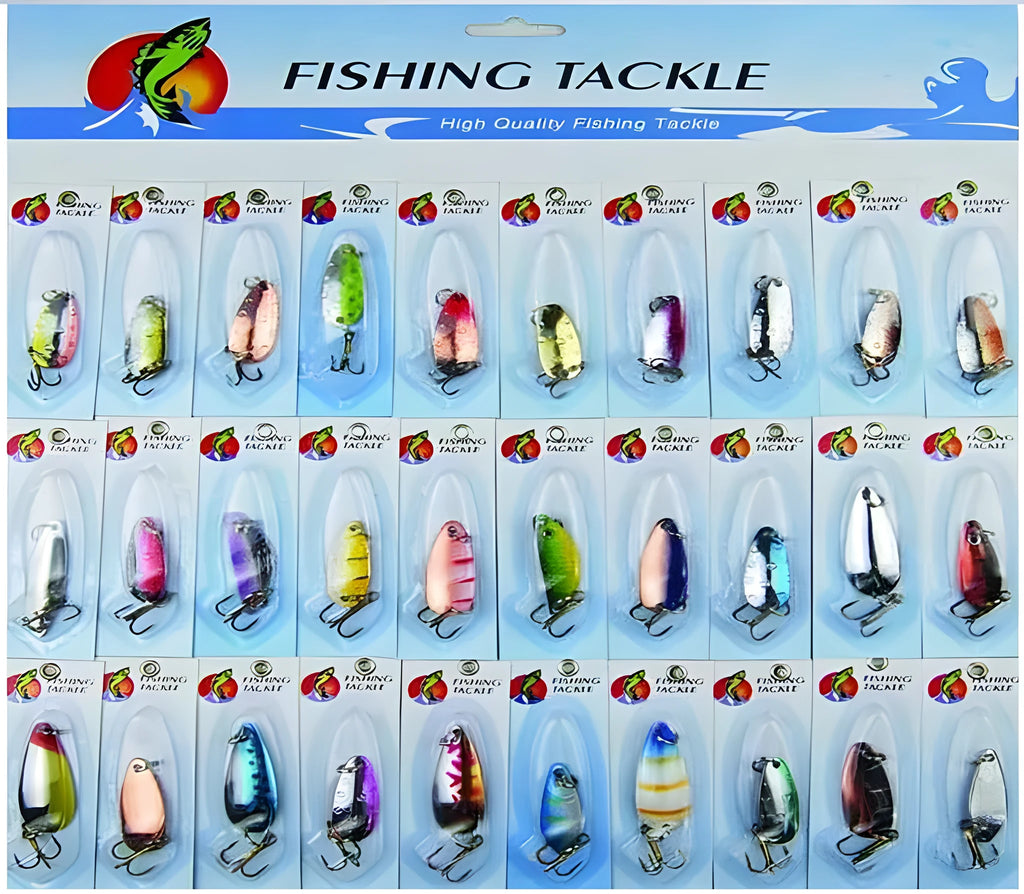 30 metal sheetmetal spinnerbait fishing lures set with bright colours and hooks for pike salmon bass