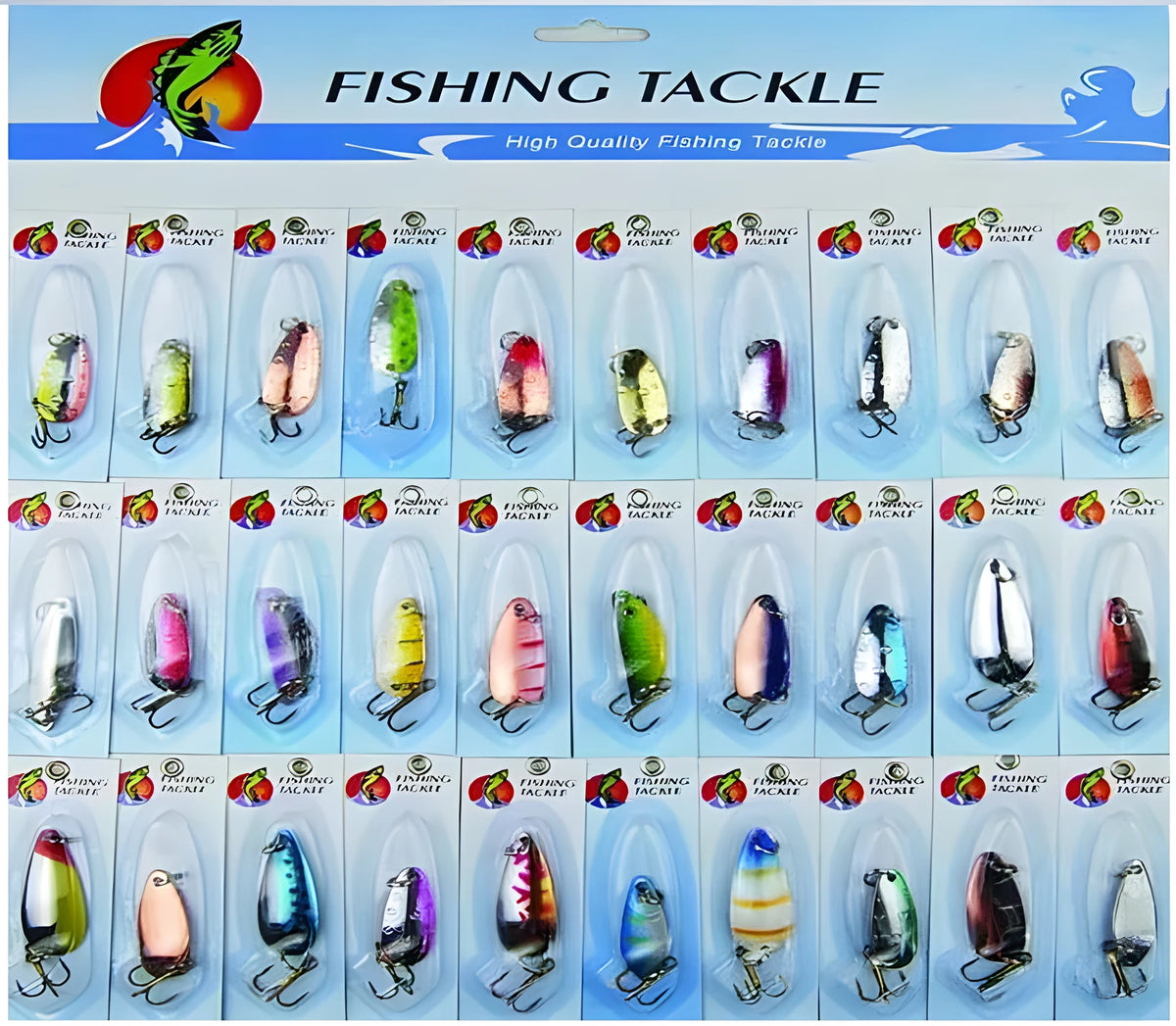 30 metal sheetmetal spinnerbait fishing lures set with bright colours and hooks for pike salmon bass